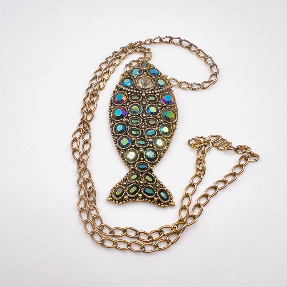 Vintage Hollycraft Aurora Borealis Rhinestone Large Fish Pendant Necklace